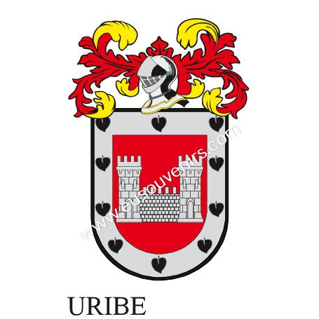 Llavero heráldico - URIBE - Personalizado con apellido, escudo de la familia y breve descripción del origen genealógico.