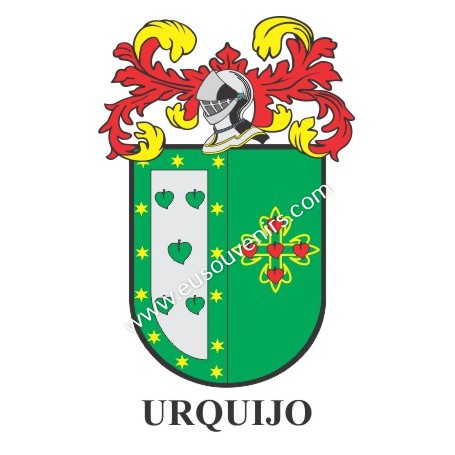 Heraldic keychain - URQUIJO - Personalized with surname, family crest and brief description of the genealogical origin.