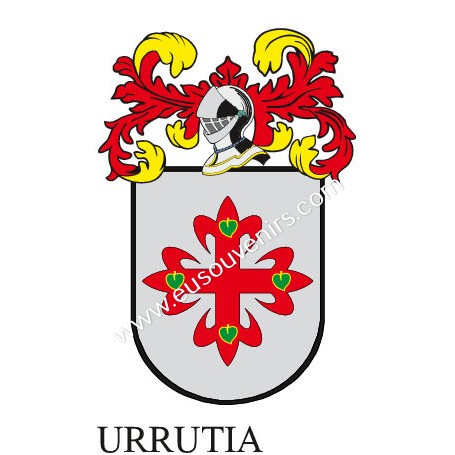 Porte-clés héraldique - URRUTIA - Personnalisé avec le nom, l'écusson de la famille et une brève description de l'origine généal