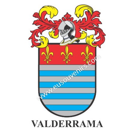 Heraldic keychain - VALDERRAMA - Personalized with surname, family crest and brief description of the genealogical origin.