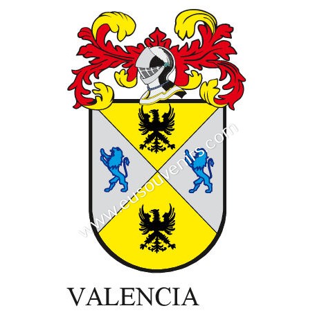 Heraldic keychain - VALENCIA - Personalized with surname, family crest and brief description of the genealogical origin.
