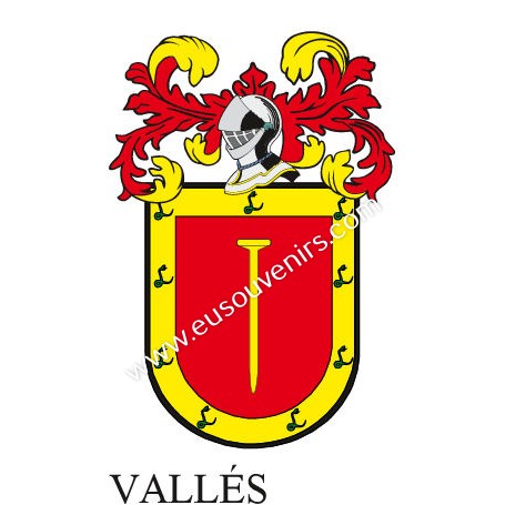 Heraldic keychain - VALLES - Personalized with surname, family crest and brief description of the genealogical origin.