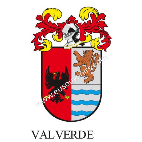 Heraldic keychain - VALVERDE - Personalized with surname, family crest and brief description of the genealogical origin.