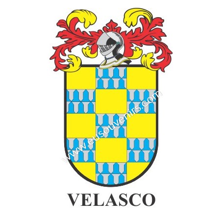 Heraldic keychain - VELASCO - Personalized with surname, family crest and brief description of the genealogical origin.