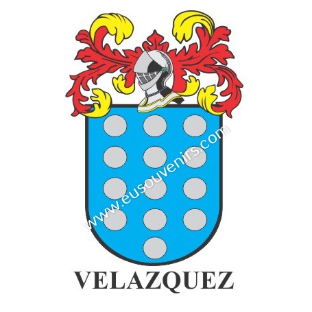 Heraldic keychain - VELAZQUEZ - Personalized with surname, family crest and brief description of the genealogical origin.