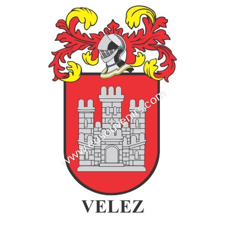 Heraldic keychain - VELEZ - Personalized with surname, family crest and brief description of the genealogical origin.