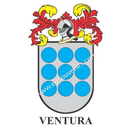 Llavero heráldico - VENTURA - Personalizado con apellido, escudo de la familia y breve descripción del origen genealógico.