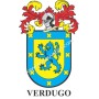 Heraldic keychain - VERDUGO - Personalized with surname, family crest and brief description of the genealogical origin.