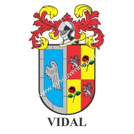 Heraldic keychain - VIDAL - Personalized with surname, family crest and brief description of the genealogical origin.