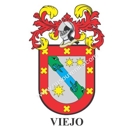 Heraldic keychain - VIEJO - Personalized with surname, family crest and brief description of the genealogical origin.