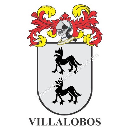 Heraldic keychain - VILLALOBOS - Personalized with surname, family crest and brief description of the genealogical origin.