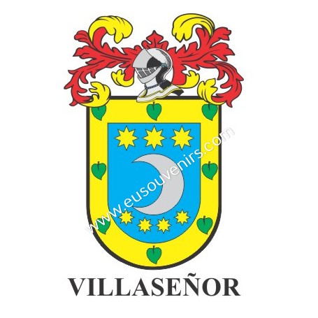Heraldic keychain - VILLASEÑOR - Personalized with surname, family crest and brief description of the genealogical origin.