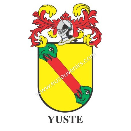 Heraldic keychain - YUSTE - Personalized with surname, family crest and brief description of the genealogical origin.