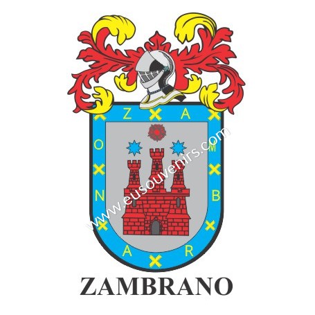 Llavero heráldico - ZAMBRANO - Personalizado con apellido, escudo de la familia y breve descripción del origen genealógico.