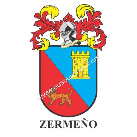 Heraldic keychain - ZERMEÑO - Personalized with surname, family crest and brief description of the genealogical origin.