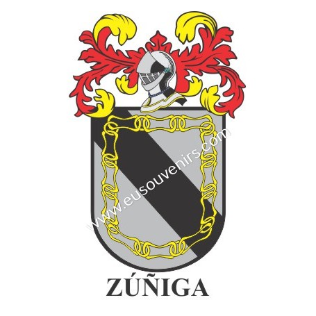 Llavero heráldico - ZÚÑIGA - Personalizado con apellido, escudo de la familia y breve descripción del origen genealógico.