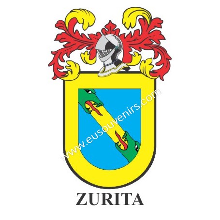 Heraldic keychain - ZURITA - Personalized with surname, family crest and brief description of the genealogical origin.